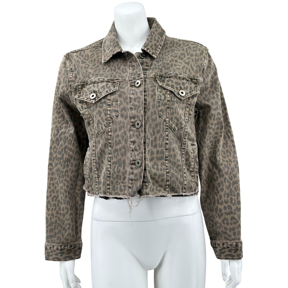 Pistola Jacket‎ Womens Medium Brown Leopard Naya Denim Cropped Raw Hem Grunge